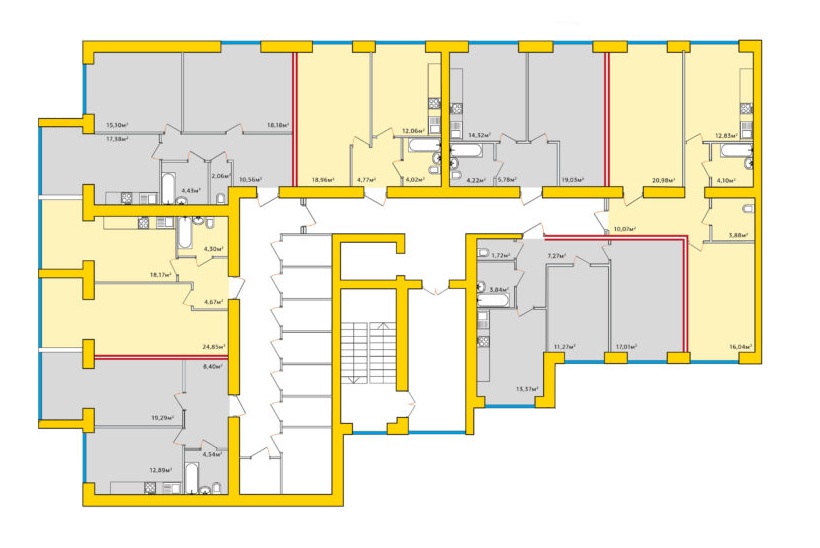 Планировка 2 секции, 4; 6-11 этажи